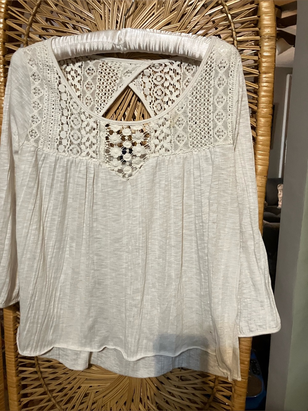 American Eagle Outfitters Cream Crochet Yoke Peasant Top